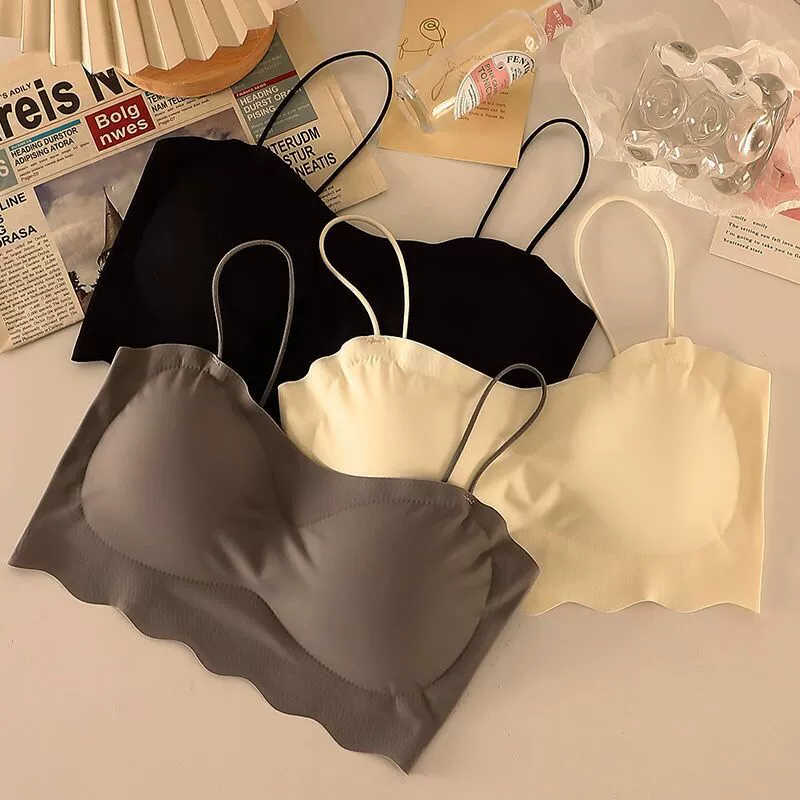 Tube Top Push-Up Bra, silk-look thin straps, one-size 80–120, seamless scalloped back