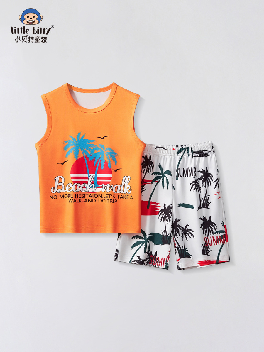 2025 verano nuevo estilo niños dibujos animados casual moda pantalones cortos sin mangas traje estampado de dos piezas para niños