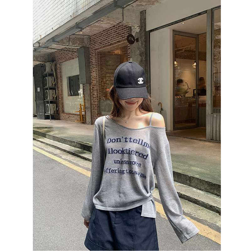 慵懒字母斜肩罩衫长袖T恤女夏甜美宽松显瘦百搭上衣|undefined