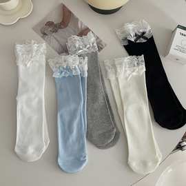 春夏薄款日系纯色女袜蕾丝边蝴蝶结堆堆袜女JK风甜美奶白色中筒袜
