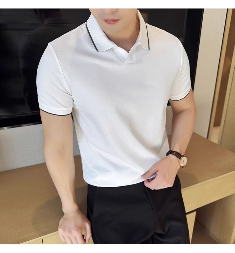Áo Polo Nam Cổ Bẻ Vải Lụa Băng Mát Mùa Hè Tay Ngắn — màu đen, Cao bồi xanh, màu trắng chi tiết 1