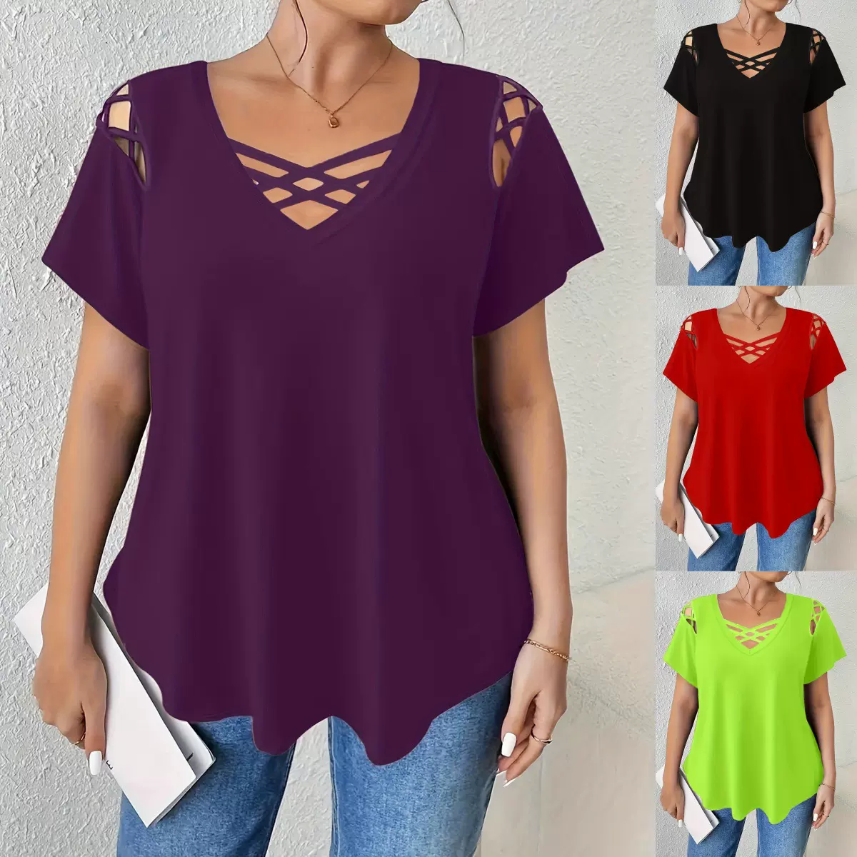 2025新款欧美跨境速卖通特大码女装v领纯色短袖交叉带细节T恤女装