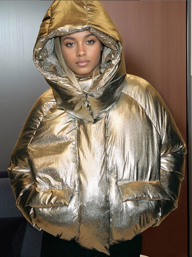 Temperamento de moda encapuchado estilo brillante manga larga abrigo de algodón corto 2025, otoño y invierno nuevo estilo europeo y americano transfronterizo
