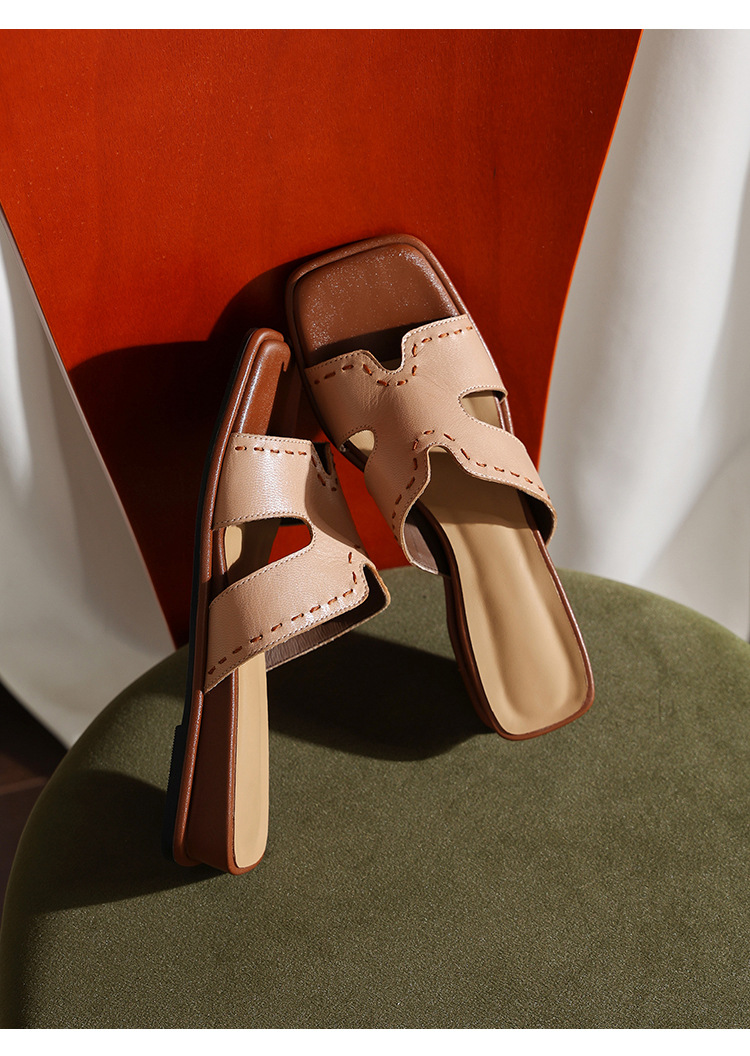 Dép sandal nữ quai chữ V đầu vuông đế bệt da dê — màu nâu chi tiết 18