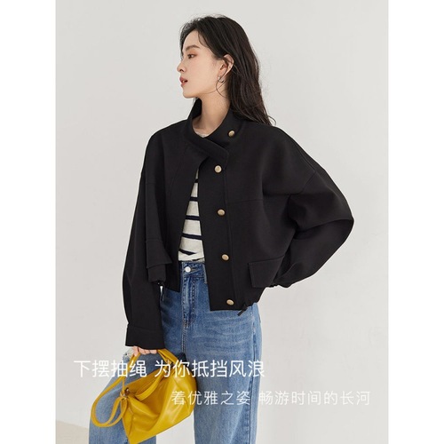 Temperament stand collar short windbreaker jacket for women  autumn new style drawstring design commuting loose top