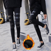 暗黑系秋冬新款抓绒打底裤女 修身PU拼接重工铆钉显瘦小脚裤靴裤