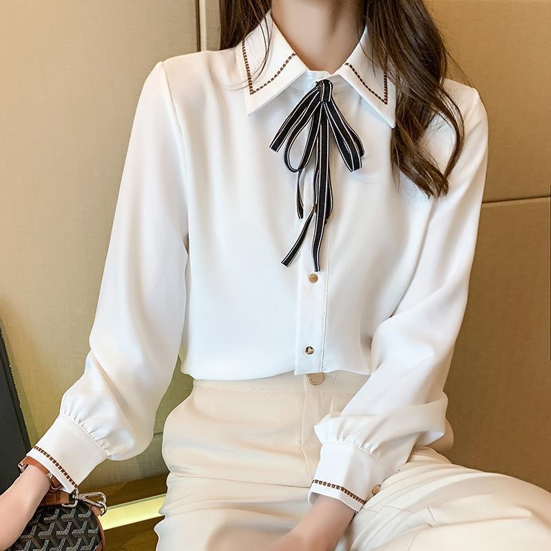 2025 New Chiffon Shirt Top Bow Tie Lapel Shirt Women's All-match Shirt Long-sleeved Base Shirt