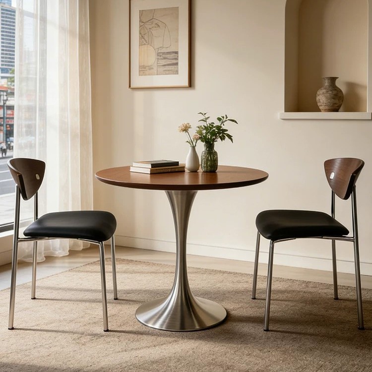 Solid wood round dining table, simple and casual design, suitable for meetings and gatherings, coffee shop, business reception, and small round table in walnut color