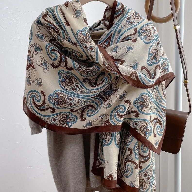 2025 Spring and Autumn Fashionable Elements Houndstooth Camellia Scarf Women's Fashion Shawl Trendy New Cotton and Linen Long Scarf Cashew