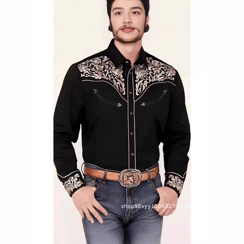 Cross-Border Foreign Trade Aliexpress Men's Shirts Western Mexican Style Long-Sleeved Shirts Four-Way Stretch Factory Direct Sales for Men