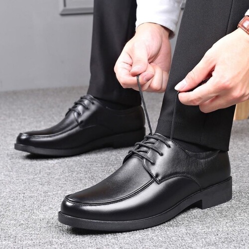 Soft Leather and Green Leather Shoes with Internal Height Increase, Breathable Business Formal Laced Black Men's Shoes with Soft Sole and Round Toe