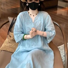 棉麻文艺中式国风重工刺绣连衣裙2026夏季新款气质裙子针织面料无