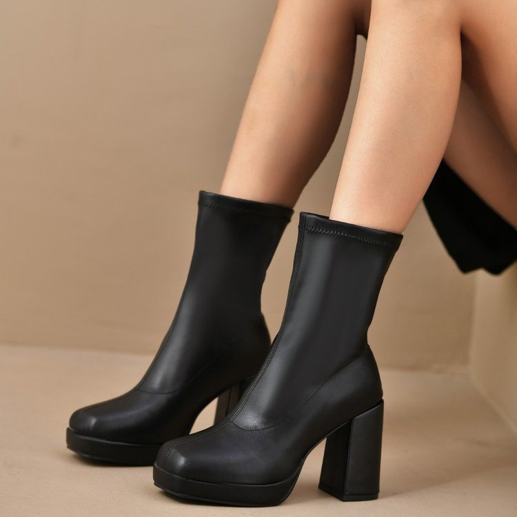 Women's mid-calf slim boots with square toe, 2026 short boots for women, spring and autumn Chelsea boots, chunky heel fashion boots, high heels