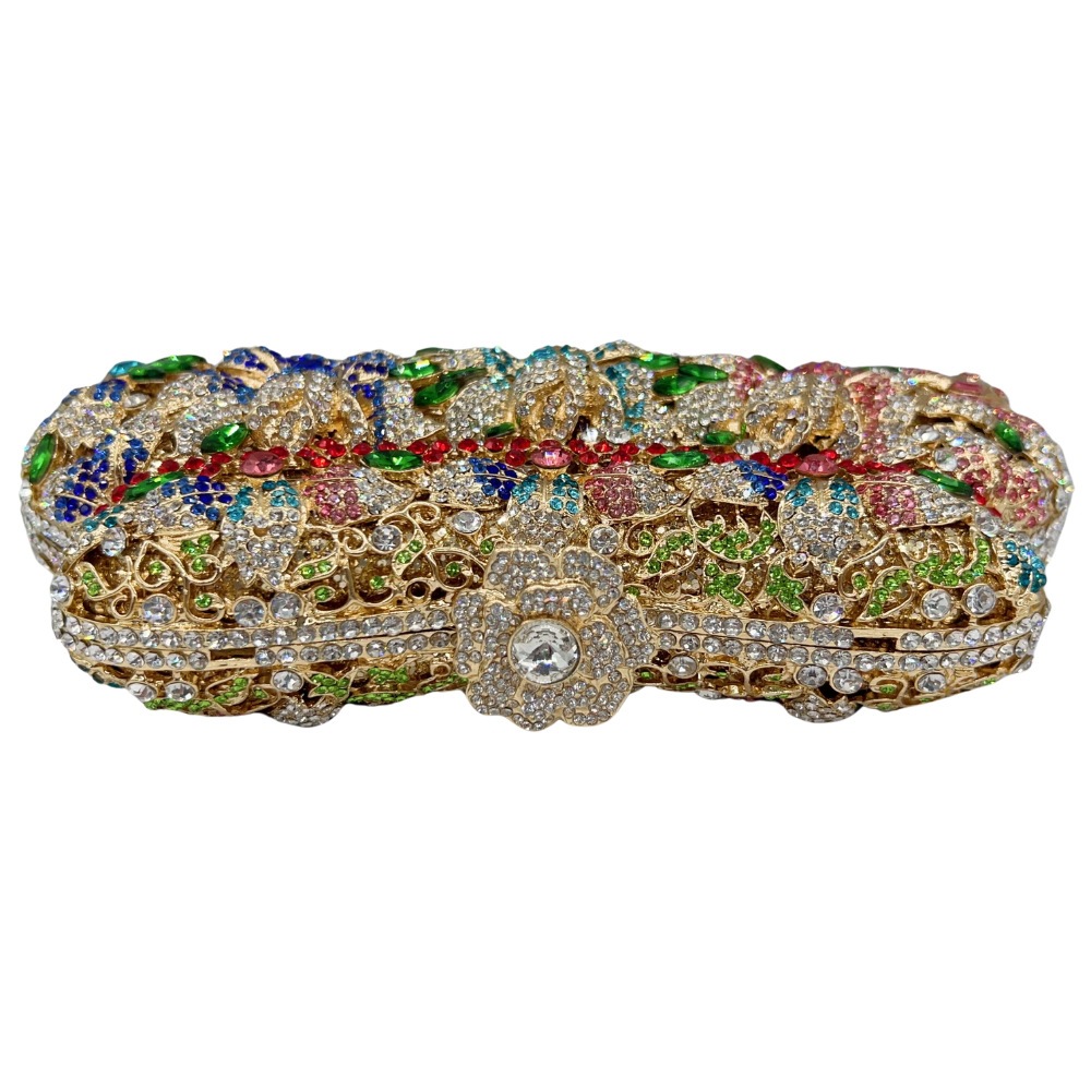 Sirena de diamantes hechos a mano bolsas de cena de metal hueco caja dura de diamantes llenos bolsas de mano de piedra embrague dorado