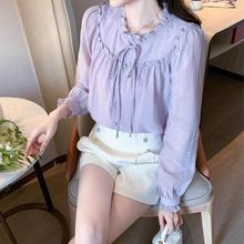 边蝴蝶结韩版衬衫女秋季新款法式温柔别致长袖雪纺衫上衣小衫