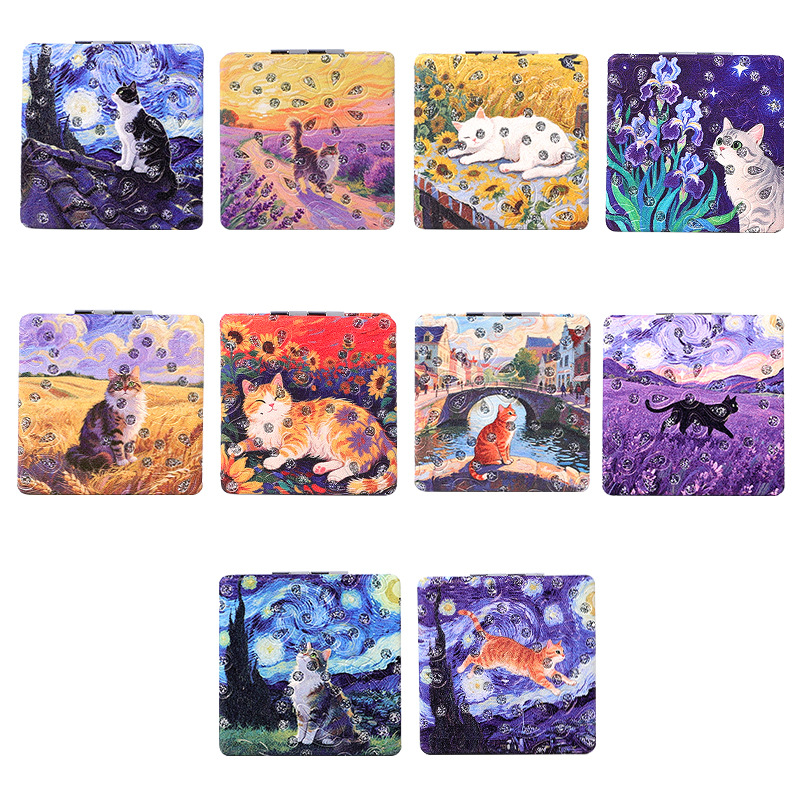 Ins viento flash perforación de piel pintura al óleo estrellado gato portátil doble espejo plegable espejo maquillaje para personalizar