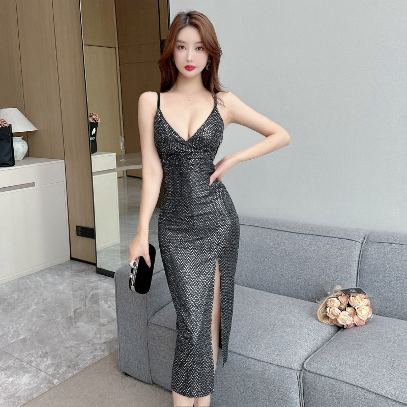 Sexy Sequin Patchwork High-End Evening Dress with Straps, Bodycon Long Dress, Nightclub Style Workwear