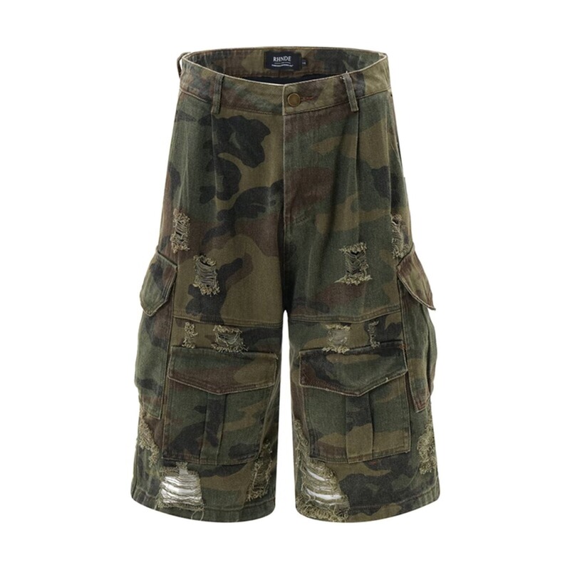 American Style Unisex Trendy Loose Wide-Leg Cropped Pants with Multiple Pockets, Distressed Ripped Cargo Camouflage Denim Cargo Pants