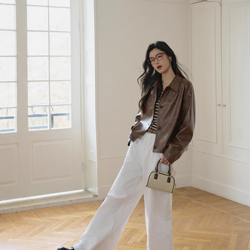 Benview【Exclusively for Physical Stores】Spring Versatile Retro Oil-Waxed Leather Texture Coffee-Colored Pu Leather Jacket Benview【Exclusively for Physical Stores】Spring Versatile Retro Oil-Waxed Leather Texture Coffee-Colored Pu Leather Jacket