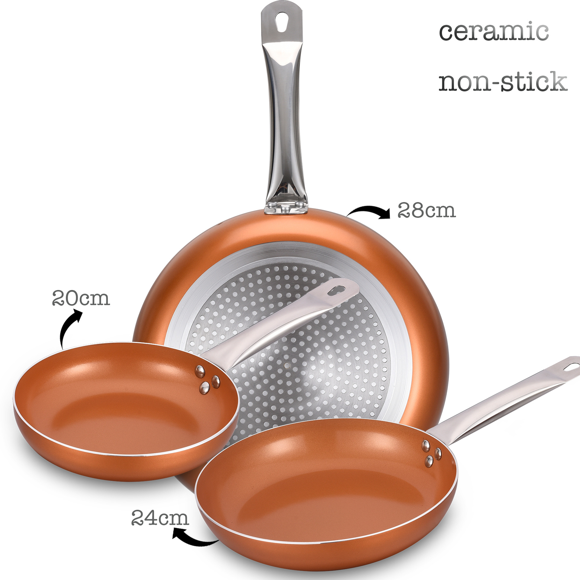 Amazon Hot Sale Cerámica de cobre inadherente fondo plano freidora de tres piezas set electromagnético doméstico universal