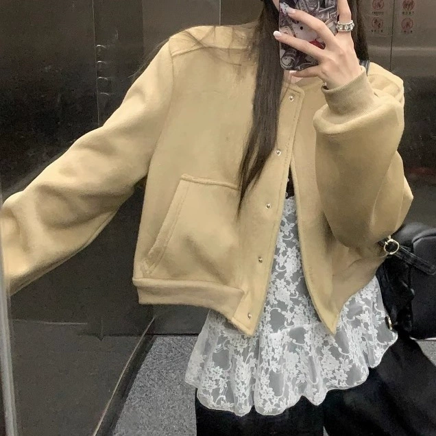 Woolen jacket, baseball short uniform with zipper for leisure, oversize
