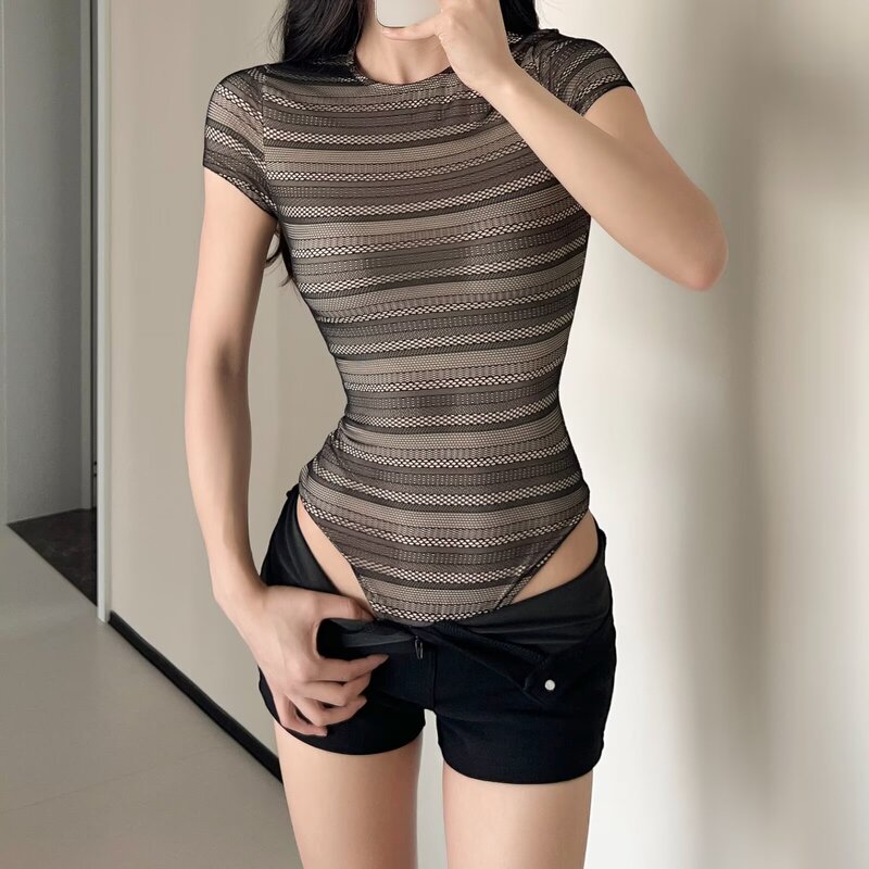 Double-Layer Round-Neck Slim-Fit Sexy Lace Patchwork Bodysuit for Women, Elegant and Slimming, Versatile Short-Sleeve Jumpsuit for Women Double-Layer Round-Neck Slim-Fit Sexy Lace Patchwork Bodysuit for Women, Elegant and Slimming, Versatile Short-Sleeve Jumpsuit for Women