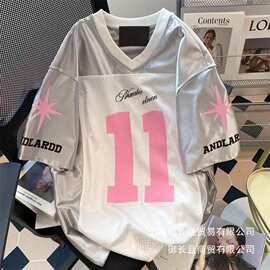 特大码300斤设计感小众V领短袖T恤男女夏季美式酷辣球衣半袖批发