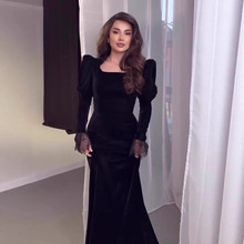 亚马逊欧美2025年秋季新款跨境女装黑色方领金丝绒高腰长袖连衣裙