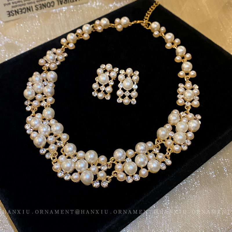 镶钻珍珠几何套装项链法式复古气质锁骨链宫廷时尚新款颈链颈饰女