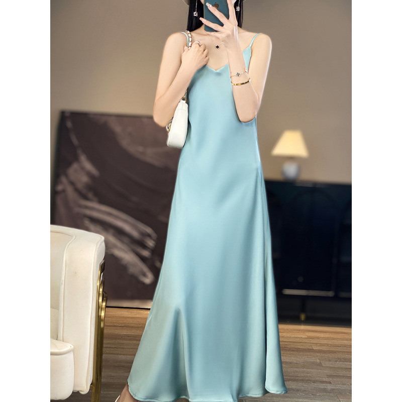 Light Luxury and High-End Acetate Satin V Neck Suspender Dress Versatile Imitation Silk Pure Color Sleeveless Spaghetti Strap Long Skirt