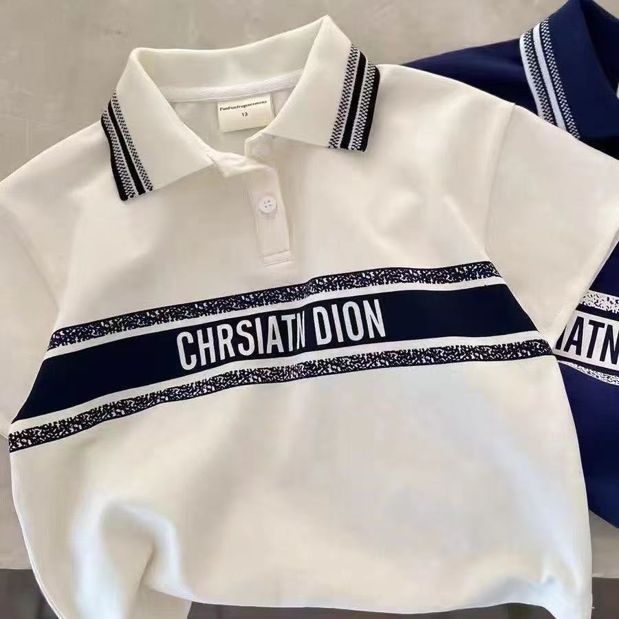 New children's short-sleeved polo shirt/T-shirt, boys' pure cotton collared baby letter top, trendy
