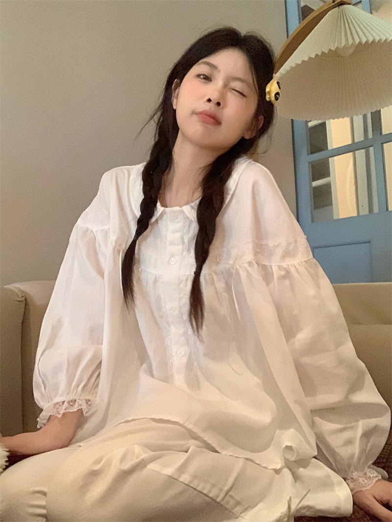 Real Shot of White Moonlight Pure Cotton Gauze Girl Doll Collar Pure Color Home Wear Pajamas Set