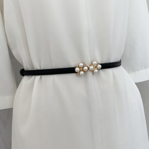 Four-leaf clover pearl belt decorated with skirt waist fashionable thin belt matte Korean style ins style adjustable belt