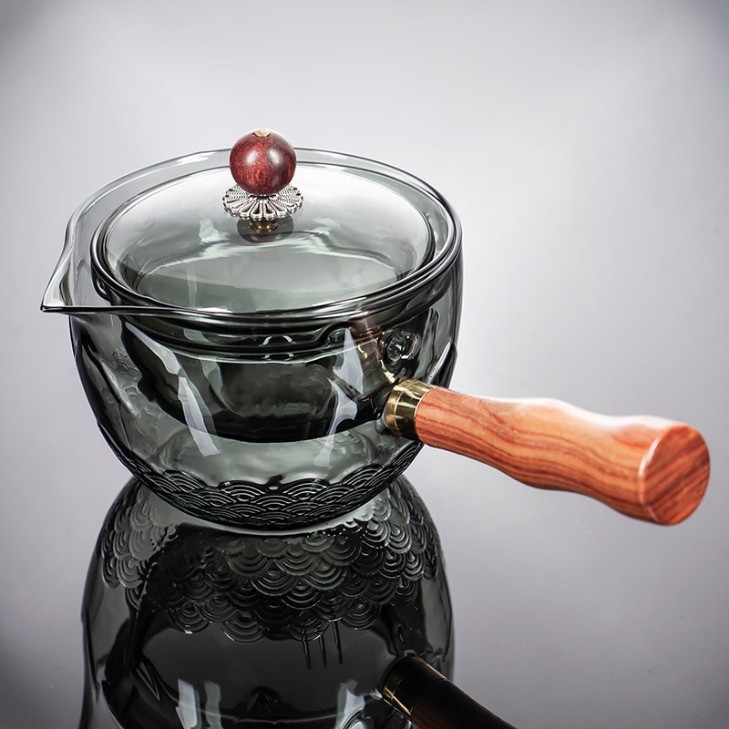 Mango lateral Xiaoyao tetera revestimiento 360 ° rotación vidrio borosilicato esmerilado patrón flor tetera té separador