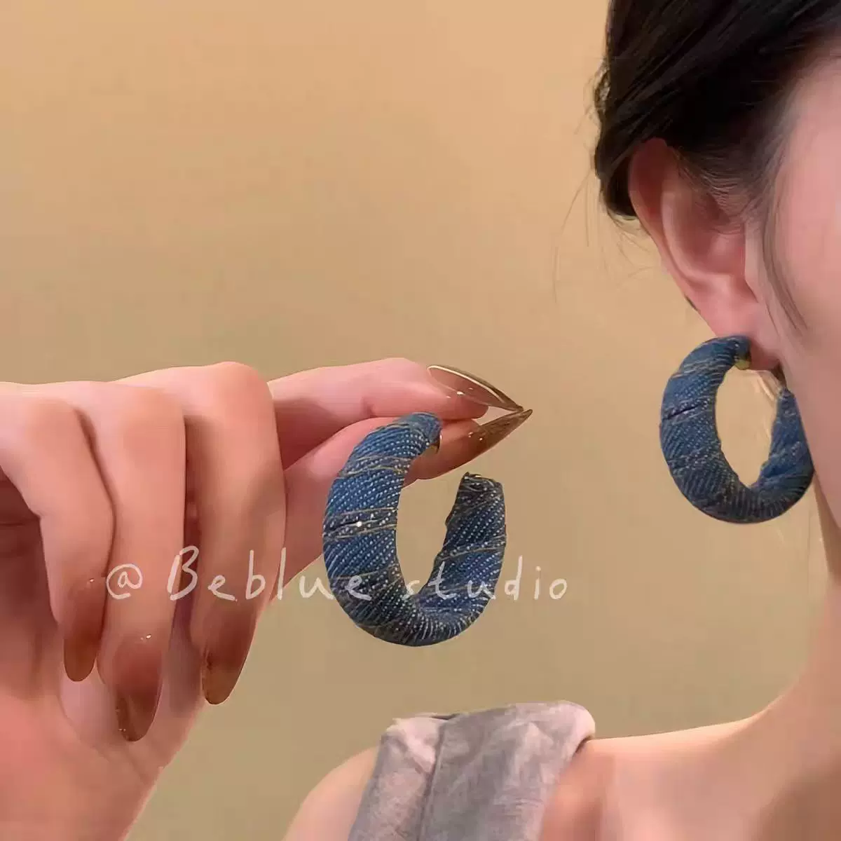 复古港风牛仔蓝C型耳环女蓝色耳圈耳饰小众设计高级感耳钉耳饰