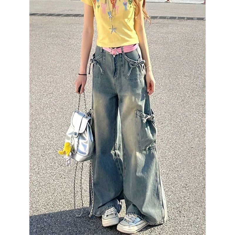 女性用のトレンディなマルチポケットボウタイワークジーンズ、新しいハイウエストルーズストレートレッグ多用途ワイドレッグフロアレングスパンツ|undefined
