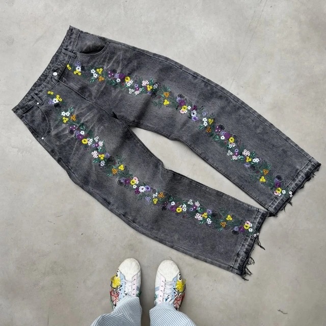 Europa y Estados Unidos transfronterizos retro estilo americano Harajuku moda personalidad bordada callejera de tendencia jeans casuales pantalones rectos