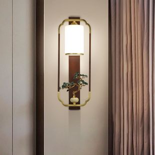 New Chinese Style Wall Lamp All Copper Solid Wood Glass Lampshade Simple Background Wall Living Room Lamp Chinese Style Staircase Bedroom Wall Lamp