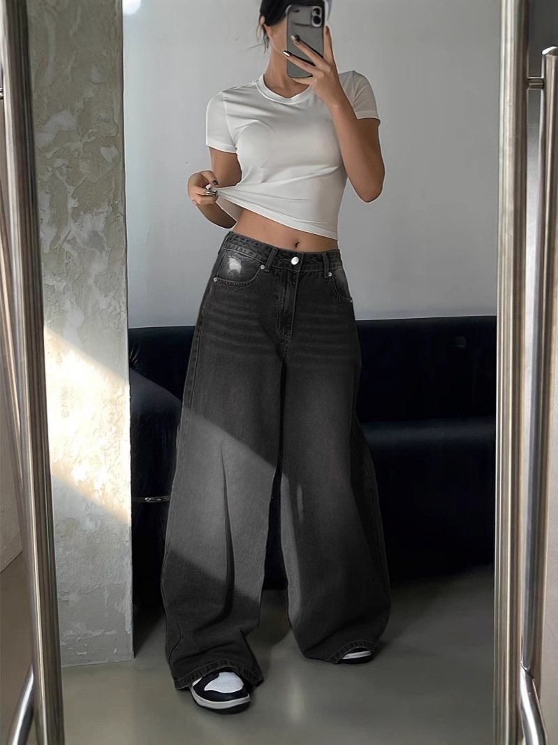 American-style Water-washed Blue Wide-leg Super-long Trailing Jeans Women's Ripped Loose Wide-leg Casual Pants