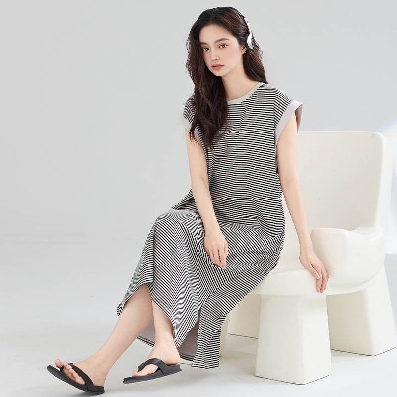 Camisón mujer verano algodón puro 2025 nuevo estilo coreano a rayas sin mangas chaleco camisola falda suelta de gran tamaño largo dividido