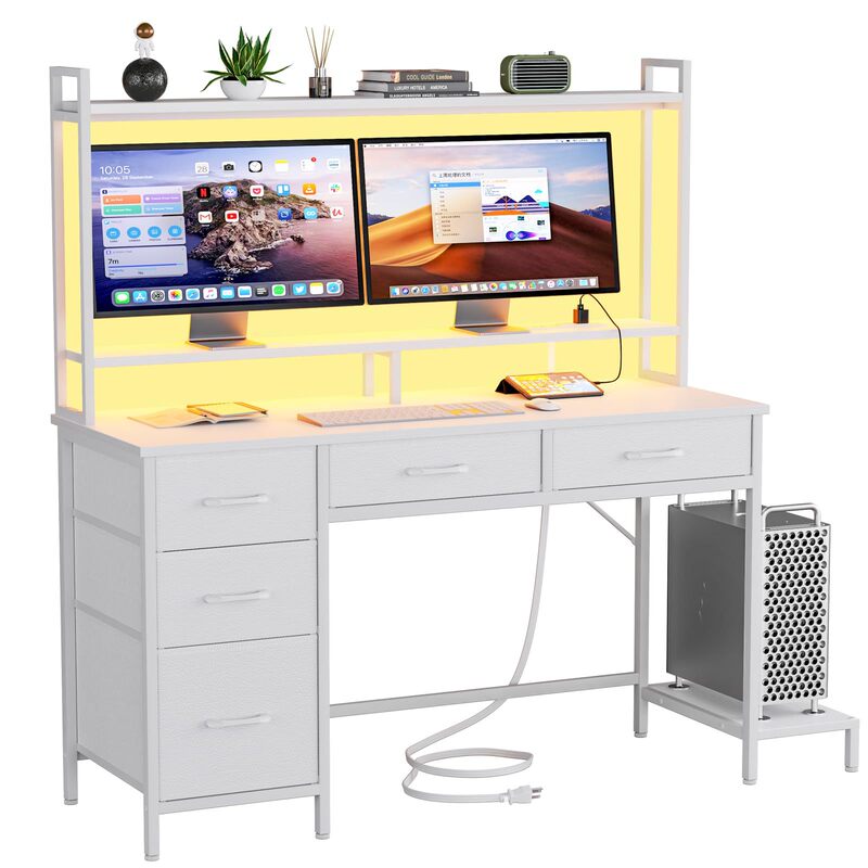Customized Computer Desk Office Gaming Desk Suitable for Home Use with Power Socket Led Light 5 Storage Drawers