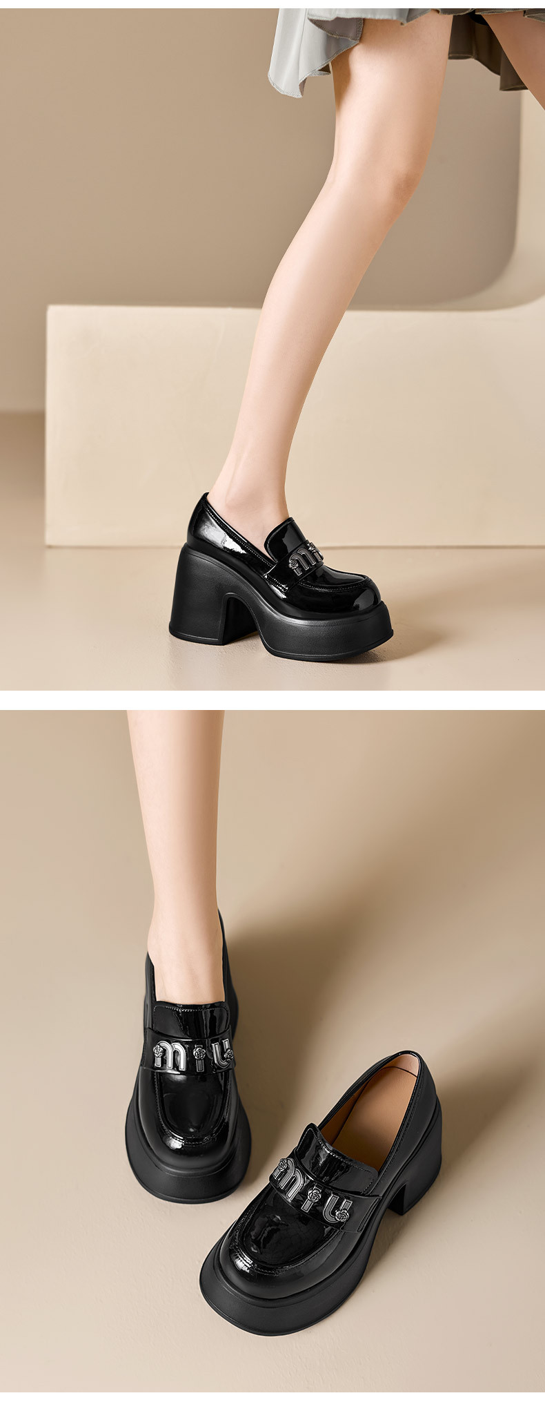 Giày loafer nữ cao gót đế xuồng phong cách Anh quốc, mũi nhọn, chất liệu sơn bóng, gót 6 cm — màu đen, màu trắng ngà chi tiết 10