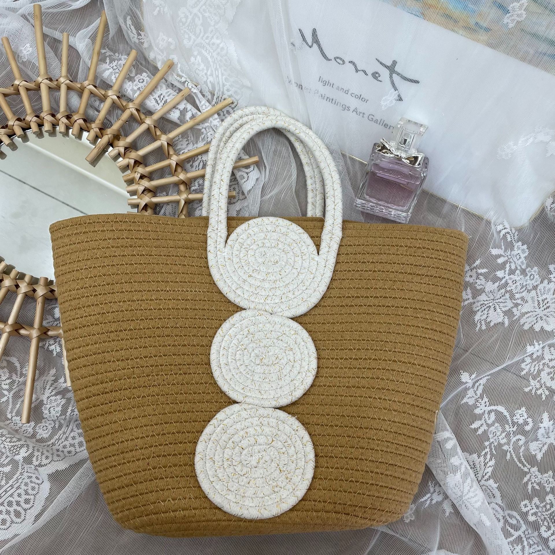 Straw Bag Bags Type Women's Cotton Rope Color Block Vacation Beach Streetwear Weave Bucket Zipper Straw Bag