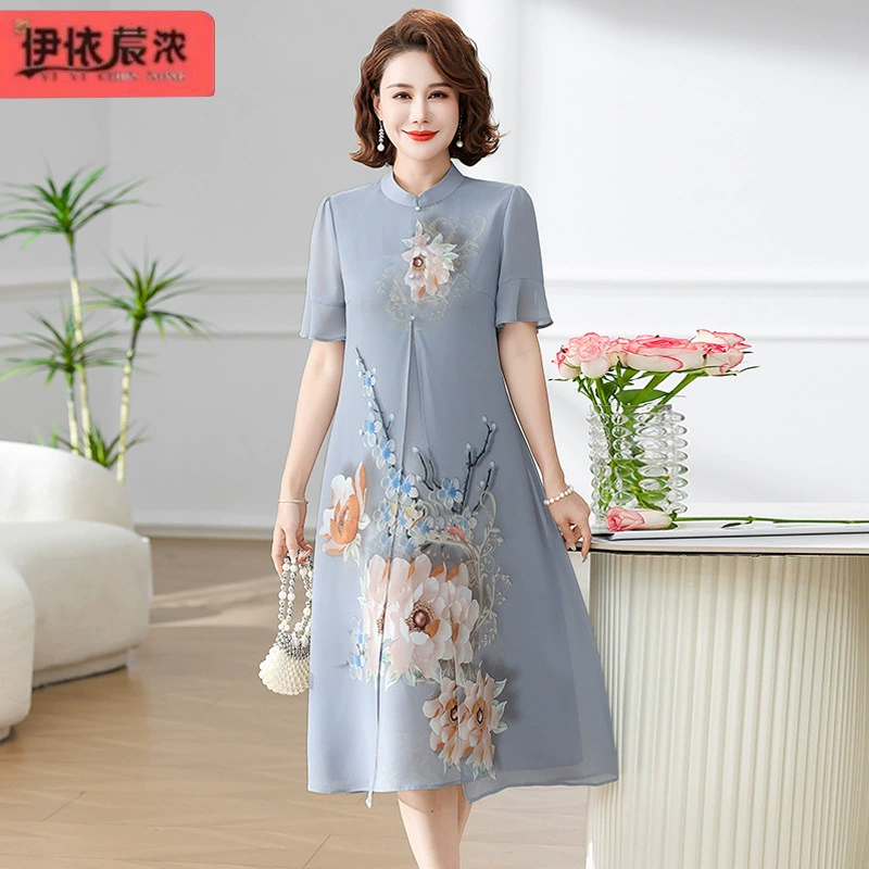 Темперамент мама летнее шифоновое платье с короткими рукавами 2024 новая женская одежда среднего возраста темперамент элегантная юбка с рукавами лотоса