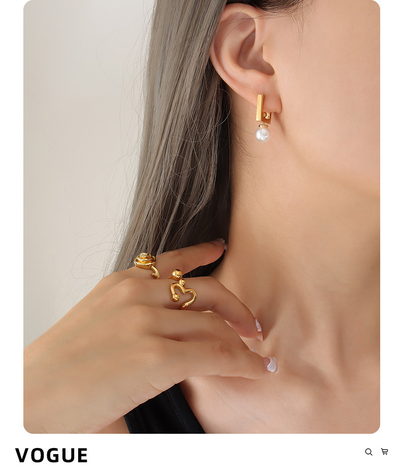 French Style Square Inlay 304 Stainless Steel Artificial Pearls 18K Gold Plated PVD Coated Drop Earrings display picture 2