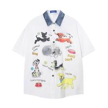 动物卡通印花短袖衬衣男士高街潮设计感小众撞色翻领宽松衬衫夏季