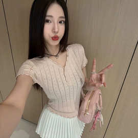 纯欲风辣妹蕾丝拼接木耳边粉色针织衫女夏季薄款修身显瘦短袖上衣