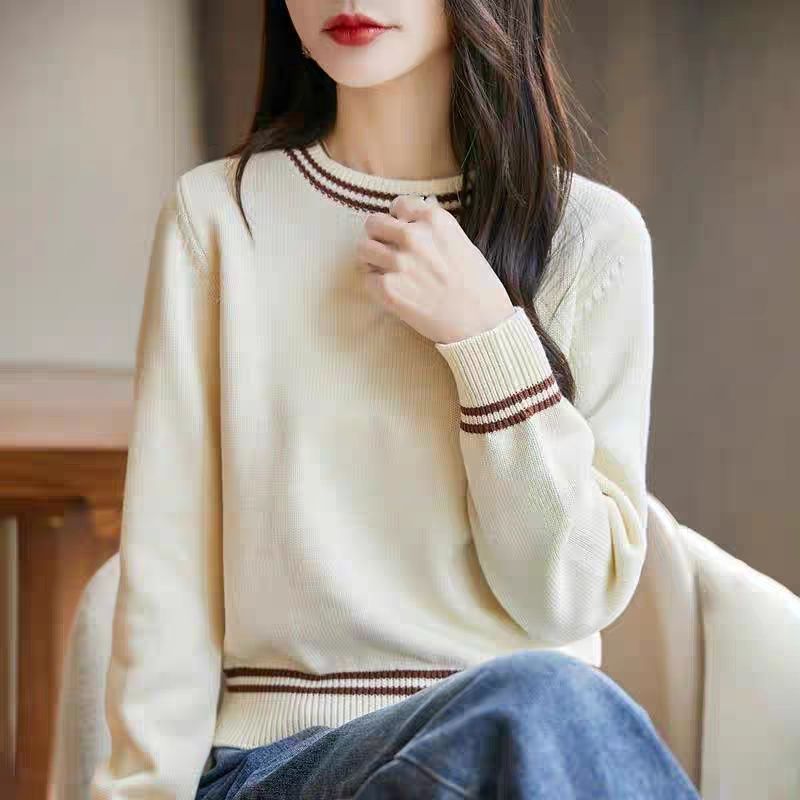 高级感拼色简约圆领针织衫女宽松显瘦百搭毛衣打底上衣内搭打底衫|undefined