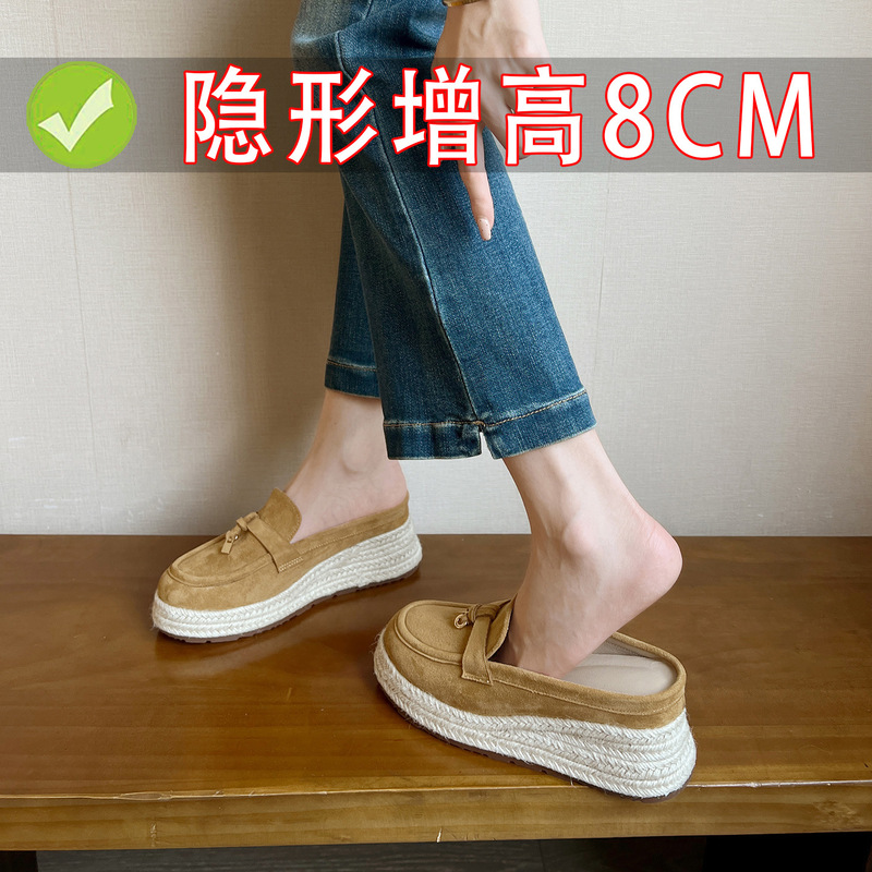 8cm Internal Height-Increasing Closed-Toe Slippers for Women, 2026 Spring New Thick-Soled Versatile Mules, Straw Loafers, Fisherman Shoes
