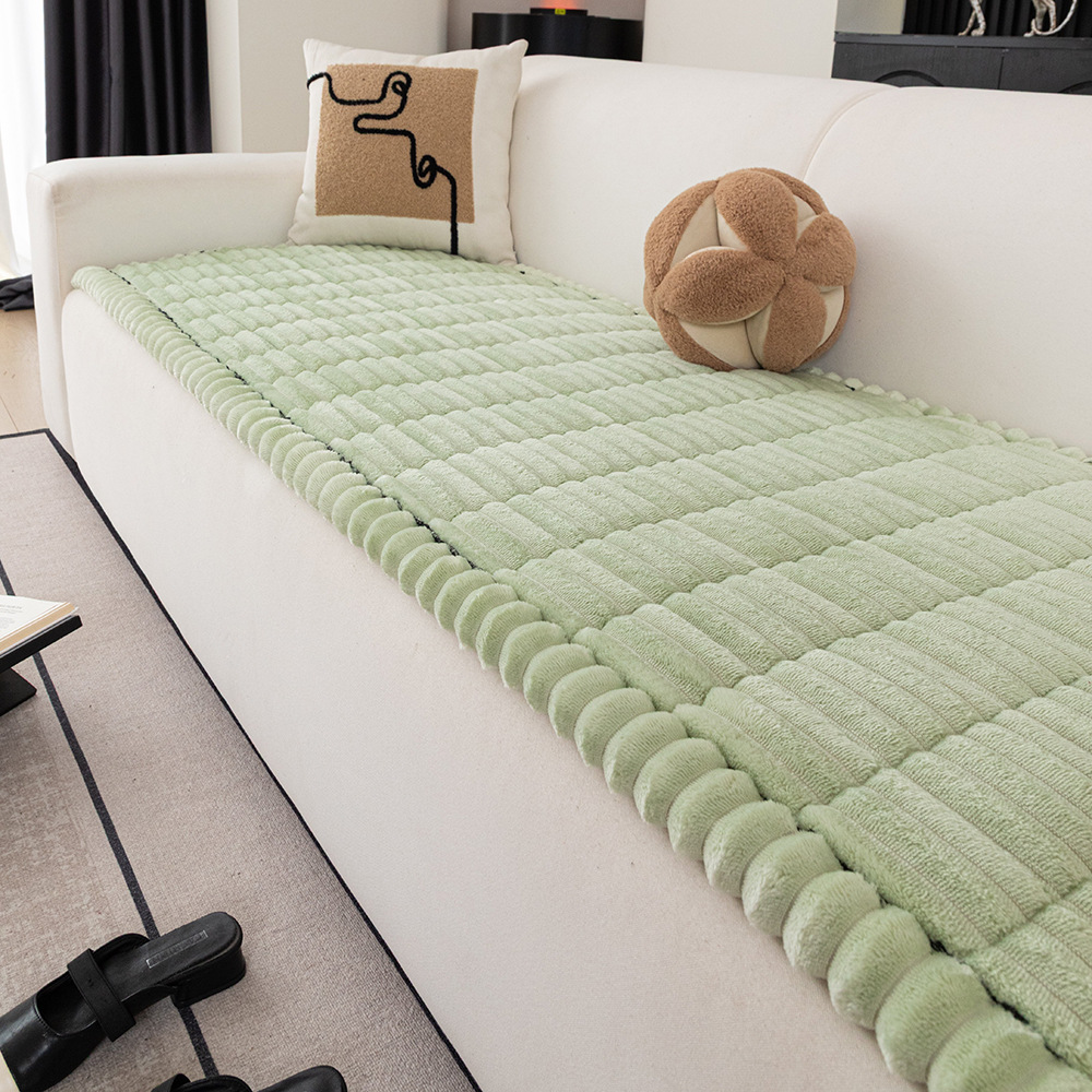 Nordic Simple Autumn Winter Plush Solid Color Striped Thickened Flannel Non-Slip Non-Stick Seat Cushion Sofa Cover_voghion.com